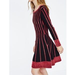 ​Maje "Relation"  Black Pink Jacquard Striped Long Sleeve A-Line Sweater Dress